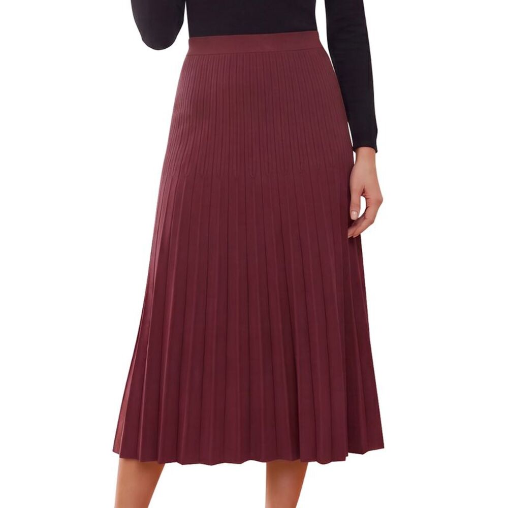 Women's Pleated Knit Skirt A Line Sweater Midi Skirts Wine Red